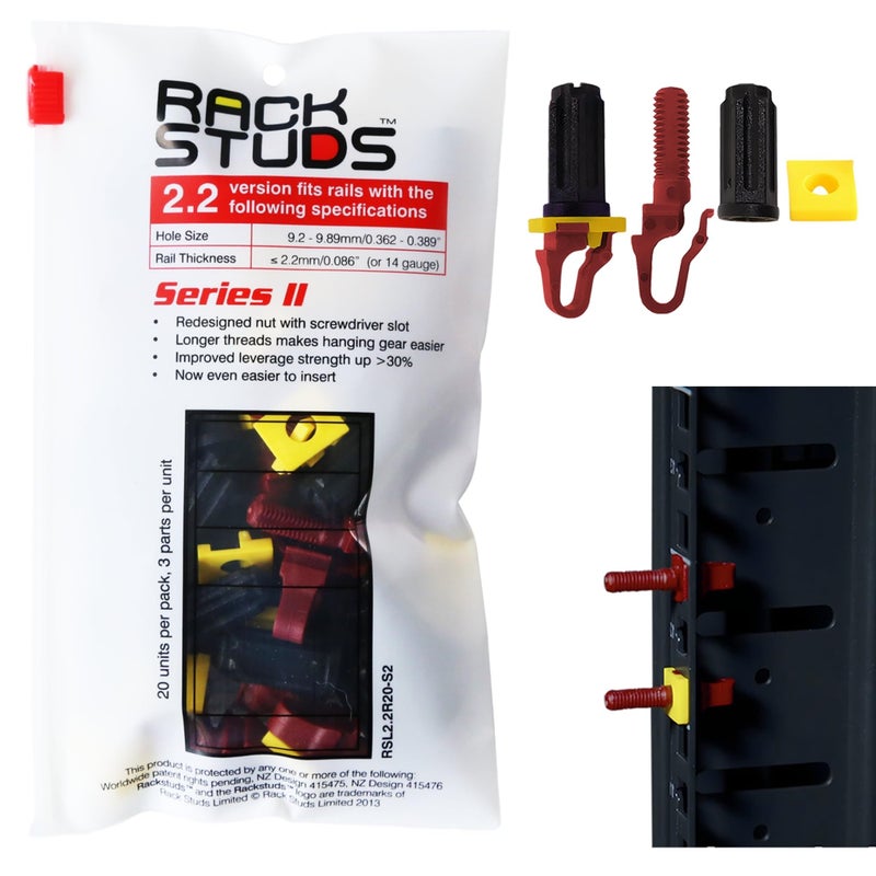 Rackstuds R20 Series II - Server Rack Screws 20 Pack | Cage Nut Replacement | Red 2.22mm/0.086" | A Faster, Easier Solution for Rack mounting Gear in 19" Racks with Square Punched Vertical Rails - Image 1